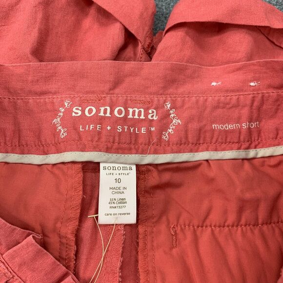 Sonoma Modern Fit Short Womens 10 Coral Solid Cuffed Linen Blend Belted Paperbag - Picture 7 of 9